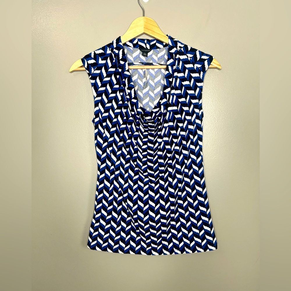 Blue black blouse Ann Taylor abstract print‎ cowl neck tank office preppy career